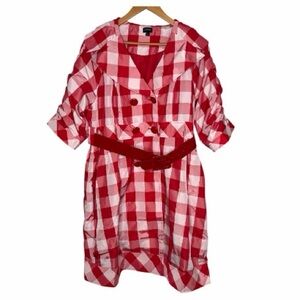 Fantazia Red & White Gingham Print Belted Mod Peacoat Style Rain Jacket Size XL